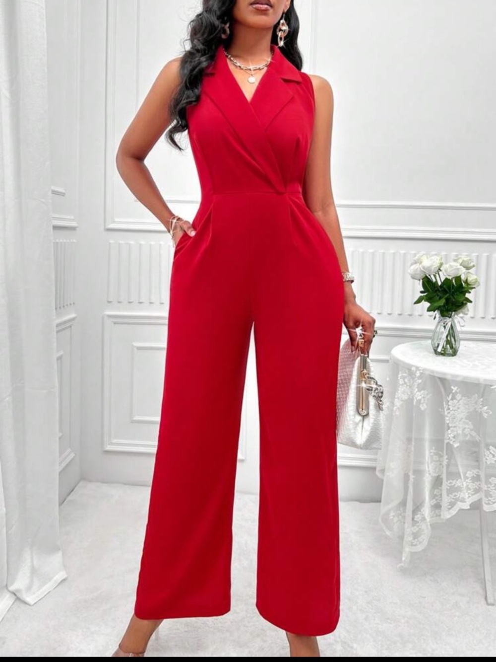 SHEIN Vibrant Red Sleeveless V-Neck Wide-Leg Jumpsuit